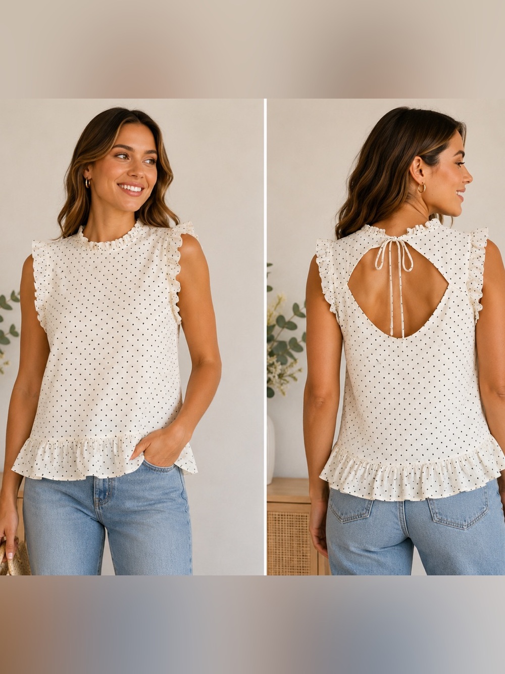 Pleione Polka Dot Cottagecore Romantic Blouse  Top Ivory Black Size L